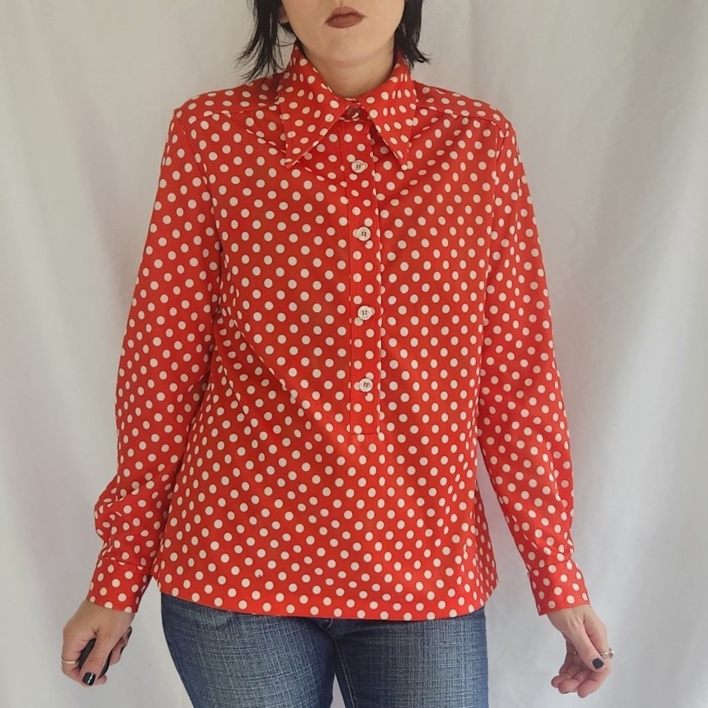 70s Red and White Polka Dot Dagger Collar Shirt